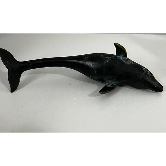 Vintage Cast Metal Bronze Turquoise Dolphin Sculpture 7” Decor - Picture 5 of 6
